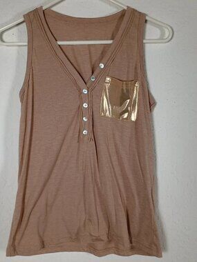 Shein Women's Size Small Tan Beige Henley V-Neck Sleeveless Tank Top Gold Pocket